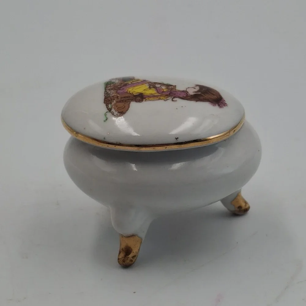 Vintage Petticoats & Pantaloons Roth Footed Trinket Box Porcelain Girl Cat Japan
